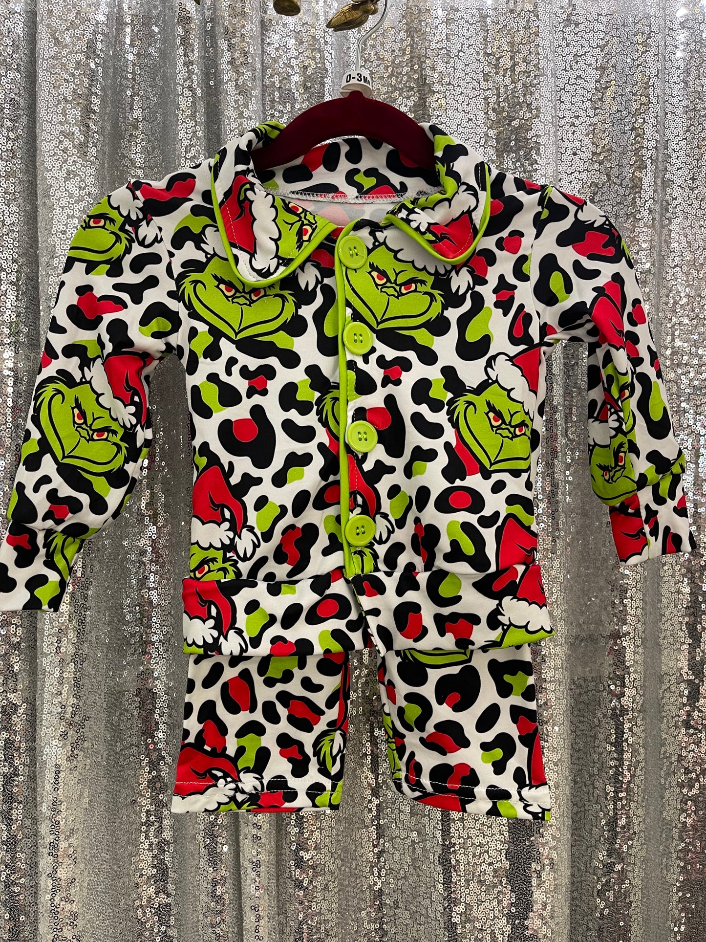 Cheetah Print Grinch Button Up PJs Christmas