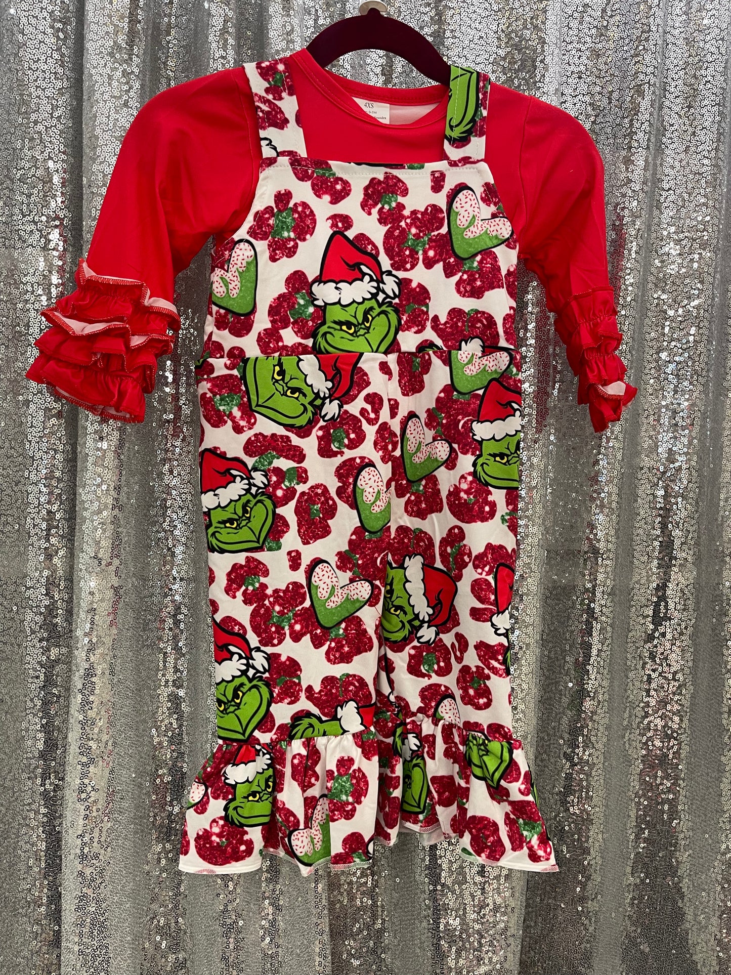 Red Long Sleeve Shirt w/ Grinch Overalls Christmas