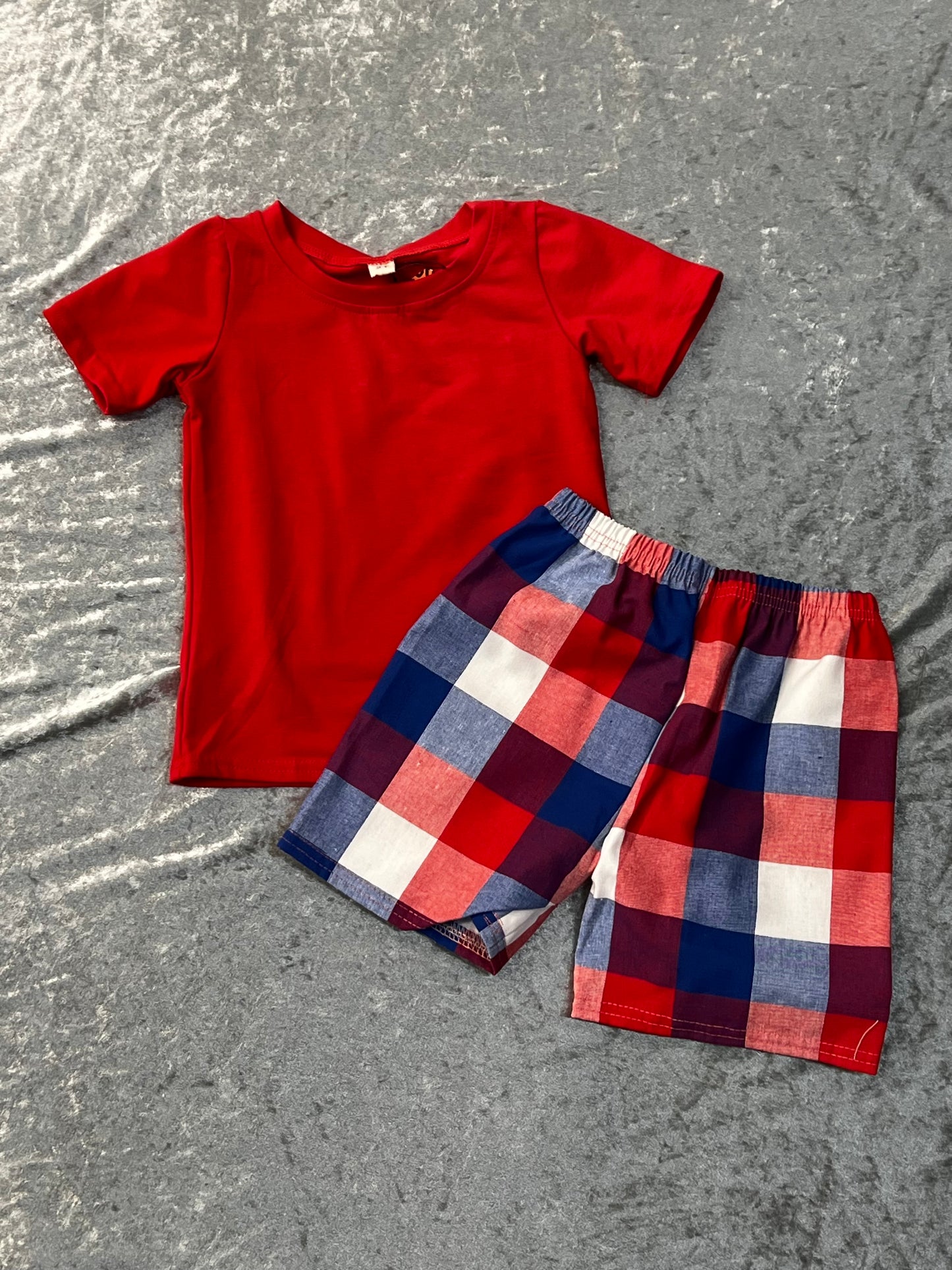 Red Shirt w/ Red, White and Blue Plaid Shorts 4th of July