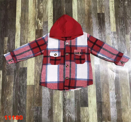 Red and Blue Plaid Long Sleeve Fleece Hooded Shirt