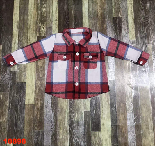 Red and Blue Plaid Long Sleeve Fleece Button Up Shirt