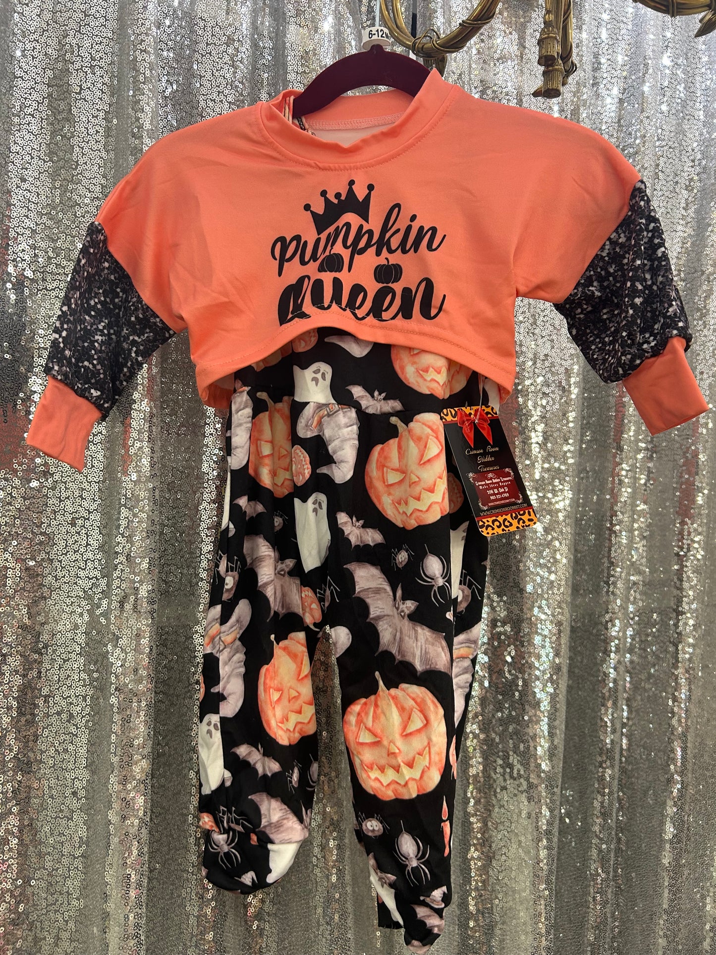 Orange “Pumpkin Queen” Long Sleeve Crop w/ Halloween Romper