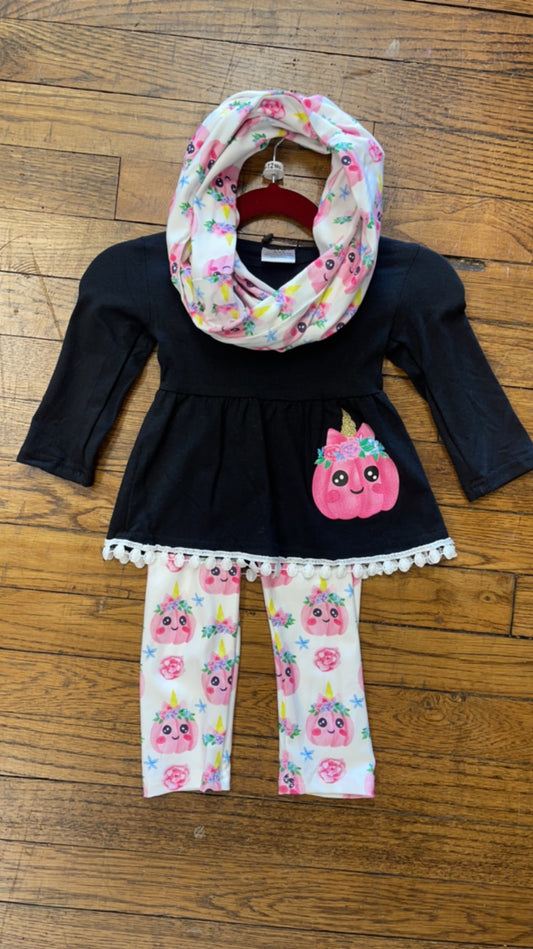 Pink Unicorn Pumpkin Long Sleeve Pants Set w/ Matching Scarf