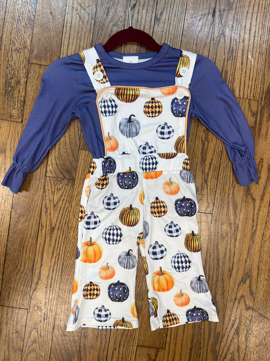 Long Sleeve Blue Top w/ Pumpkin Over-Alls Halloween/Thanksgiving