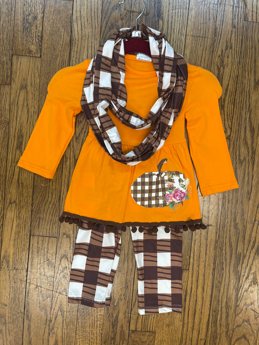 Orange Long Sleeve Top w/ Brown & White Checkered Pumpkin and Leggings w/ Matching Scarf Halloween/Thanksgiving