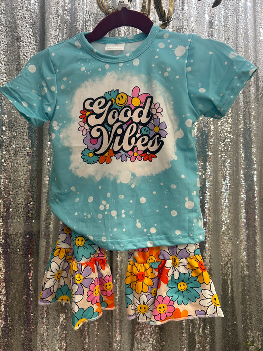 Blue Short-sleeve "Good Vibes" Pants Set