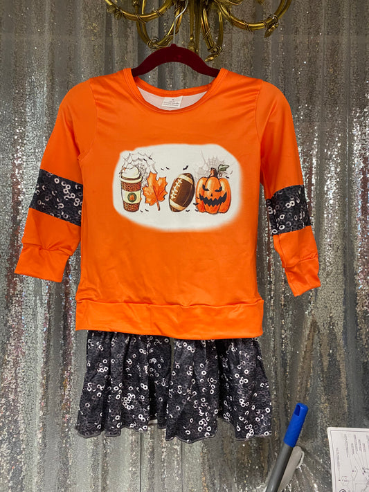 Long Sleeve Coffee Fall Football and Halloween Sparkle Pants Set