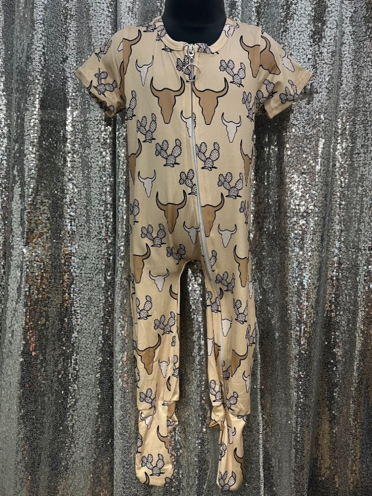 Tan Cactus and Cow Skull Short Sleeve Footed Pajama