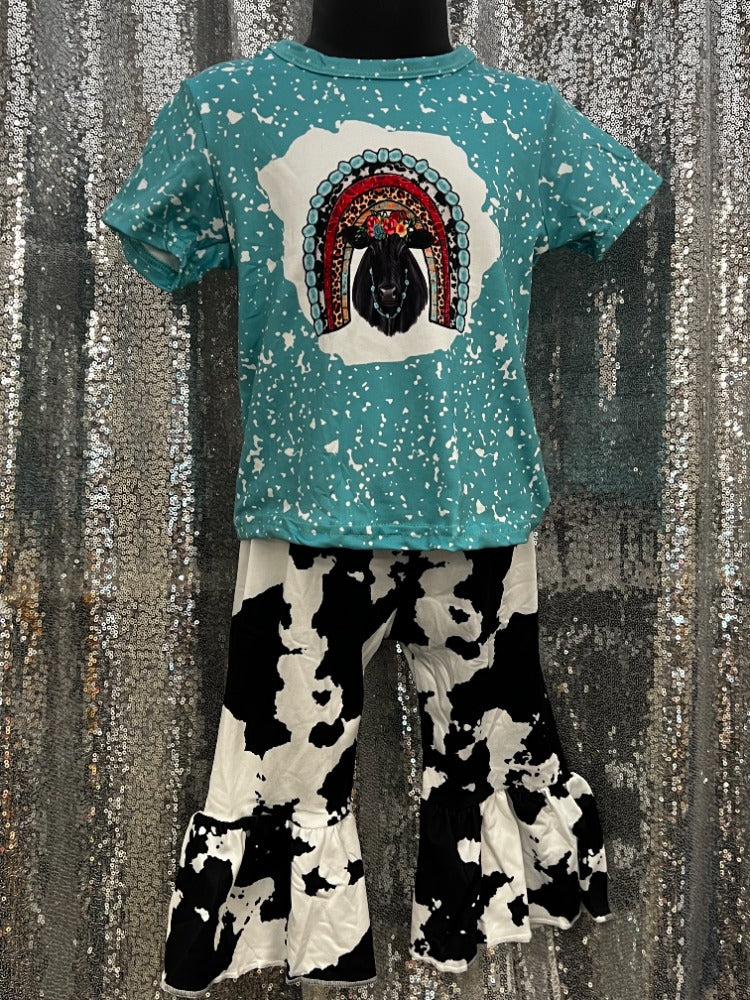 Short Sleeve Teal Cow with Cow Print Belles