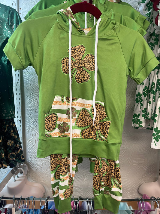 St Patrick's Day Leopard Clover Hooded Pants Set