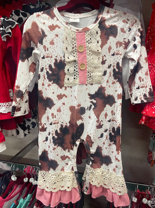 Cow Print Romper w/ Pink & Lace Trim