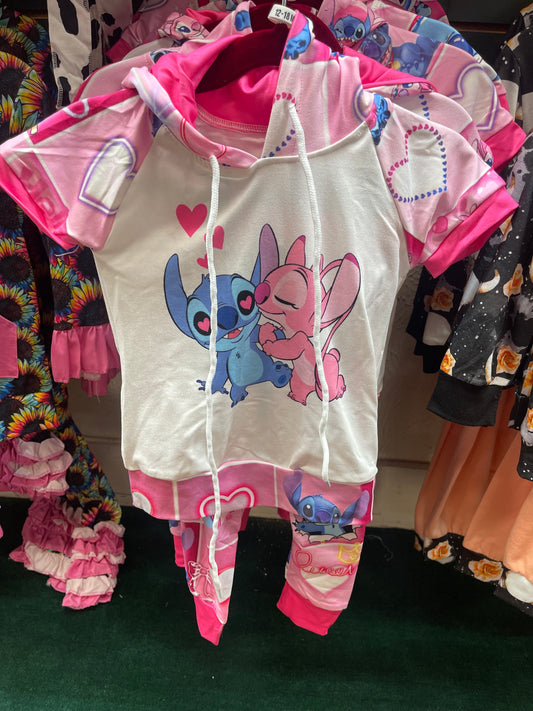 Blue/Pink Stitch Short-Sleeved Hooded Pant Set