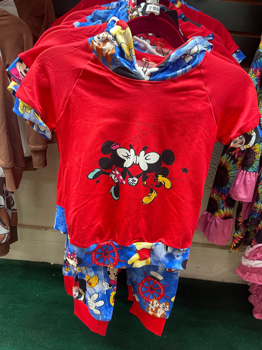 Red Minnie & Mickey Short-sleeved Hooded Pant Set