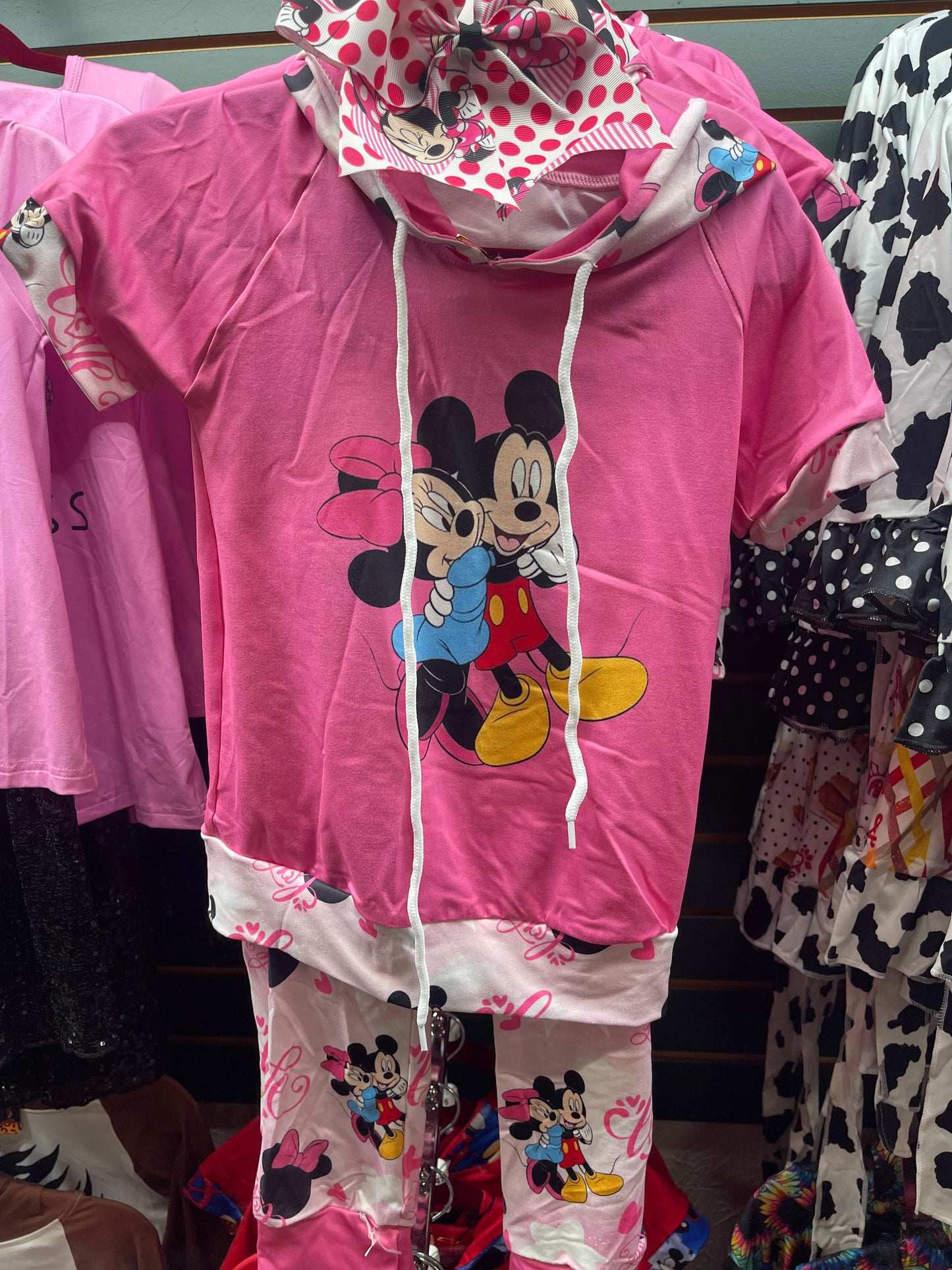 Pink Minnie & Mickey Short-sleeved Hooded Pant Set
