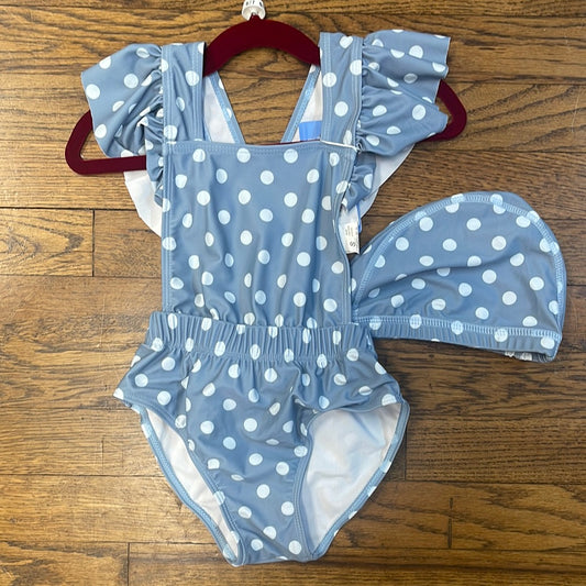 Grey Polkadot Cross Back Bathing Suit with Swim Cap